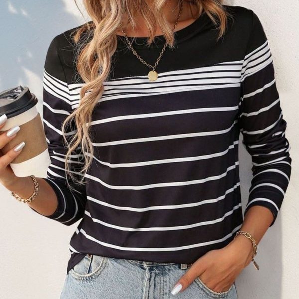 Slim Fit Crew Neck Casual Long Black and White Striped Sleeve T-shirt - Image 2