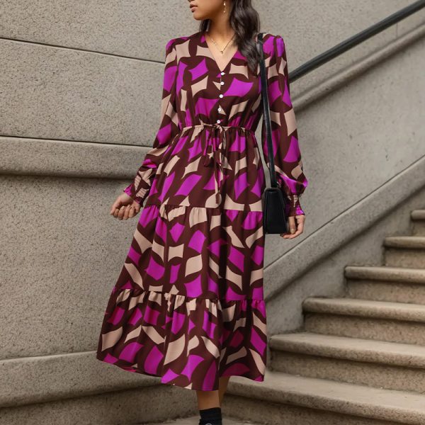 Long Sleeve V-Neck Chiffon Dress Button Print Breathable Woven Patchwork Design Ruffled Ruched Spring Autumn - Image 3
