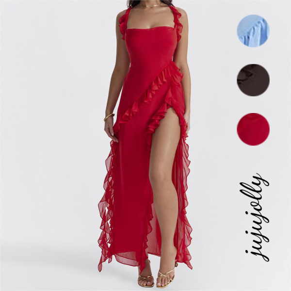Women's Red Chiffon Dress French Sling Design Hot Sister Sexy Split Long Skirt Woven Patchwork Ruffles Summer - Image 2