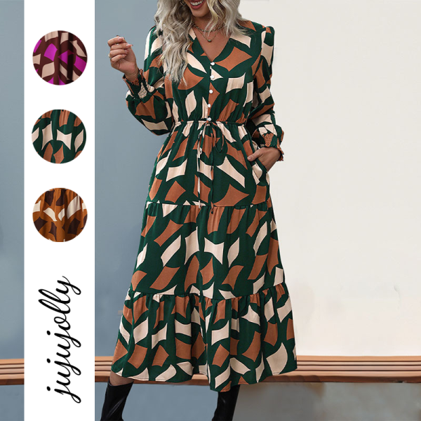 Long Sleeve V-Neck Chiffon Dress Button Print Breathable Woven Patchwork Design Ruffled Ruched Spring Autumn