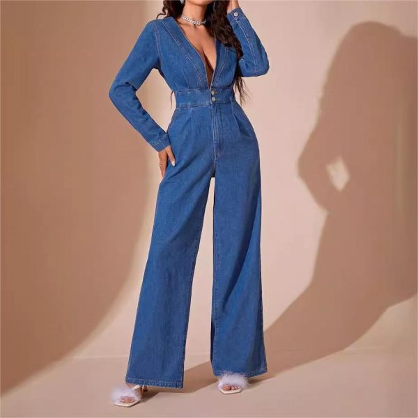 Women's Elegant INS Style Denim Pants Jumpsuit Deep V Slim Fit Casual Commute for Summer Patchwork Decoration Simple Button - Image 3