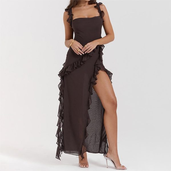 Women's Red Chiffon Dress French Sling Design Hot Sister Sexy Split Long Skirt Woven Patchwork Ruffles Summer - Image 3