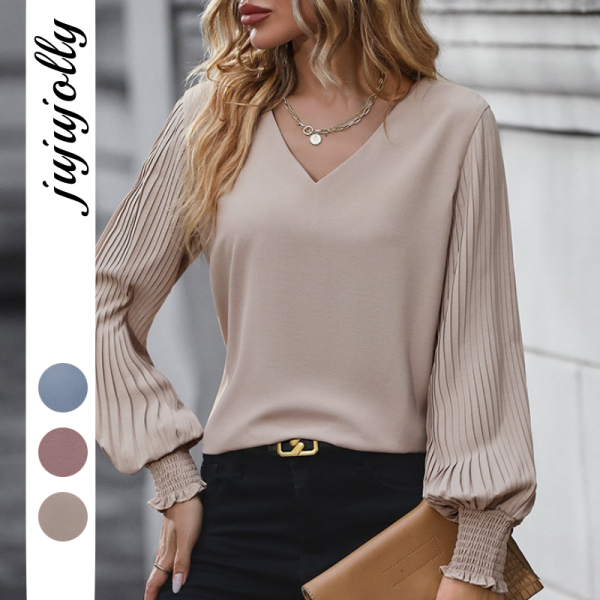 Autumn New Women's Clothing Elegant Solid Color V-Neck Pleated Long Sleeve Shirt