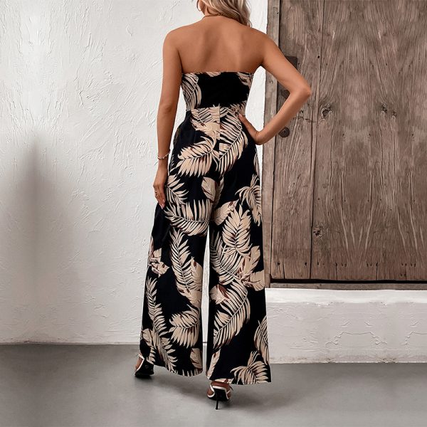 Summer Lady Jumpsuit Outfit Fashionable and Sexy Plant Print Bandeau Belted Wide Leg Jumpsuit - Image 2