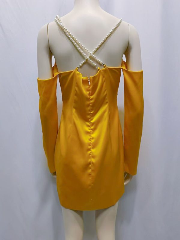 Casual Dresses Yellow Satin Off-Shoulder Asymmetrical Pearl Strap Dress - Image 3