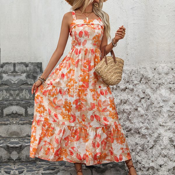Summer Clothes for Women Dresses Elegant V-Neck Backless Floral Print Spaghetti Strap Dress - Image 3