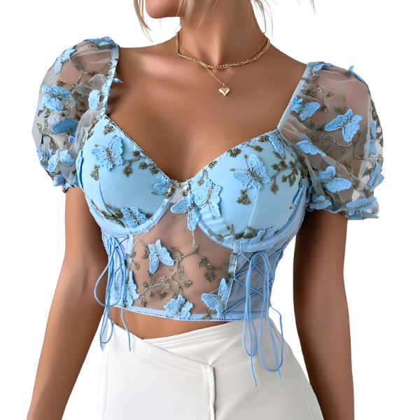 New Summer Style Sexy Open Back Mesh Embroidery Short Sleeve Fashion Waist-Cinched Square Neck Women's Top