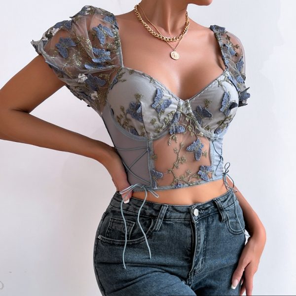 New Summer Style Sexy Open Back Mesh Embroidery Short Sleeve Fashion Waist-Cinched Square Neck Women's Top - Image 4