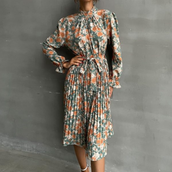 Autumn Women's Clothing 2024 Elegant Floral Print Long Sleeve Half-High Neck Tie Waist Pleated Dress - Image 3