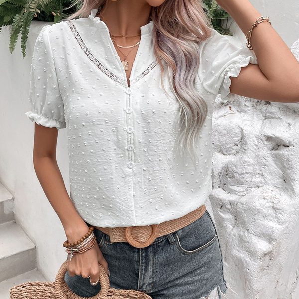 Summer Fashion Clothes for Women Ruffle Collar Solid Color Jacquard Splice Shirt - Image 2