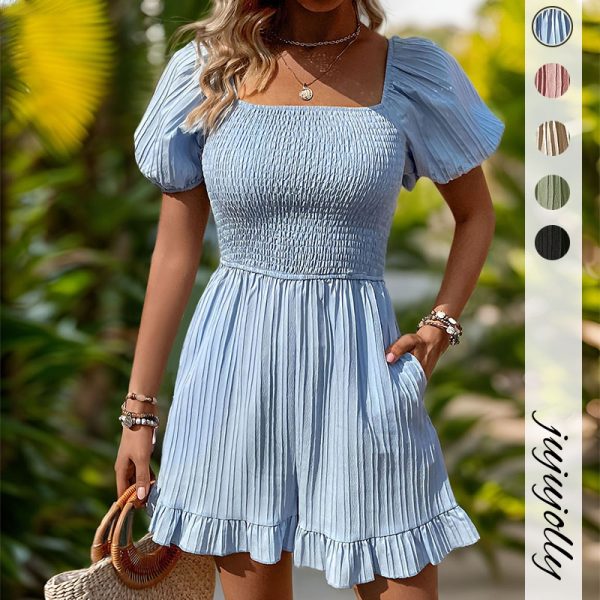 Summer Lady Jumpsuit Outfit Elegant Ruched Square Neck Ruffle Trim Solid Color Romper