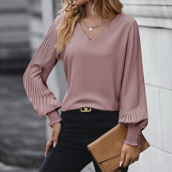 Autumn New Women's Clothing Elegant Solid Color V-Neck Pleated Long Sleeve Shirt - Image 3