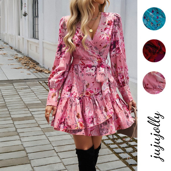 Romantic Women's A-Line Dress Elegant V-neck Off-the-Shoulder Cascading Ruffle Featuring Rose Print Contrast Ruched - Image 2