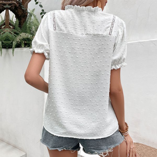 Summer Fashion Clothes for Women Ruffle Collar Solid Color Jacquard Splice Shirt - Image 3