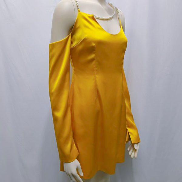 Casual Dresses Yellow Satin Off-Shoulder Asymmetrical Pearl Strap Dress - Image 2