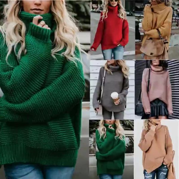 Trending Fashion High Neck Solid Color Long sleeve loose knitted women sweaters pullover tops