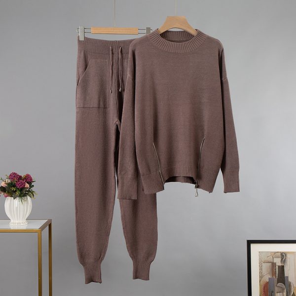 Elegant Cashmere Winter Warm Two Piece Knitted Set Loose Sweater high waist Pants woman Tracksuit