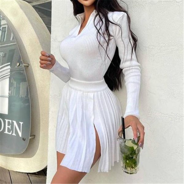 hot sales pure colors skinny sweaters sexy club party outfits knitted mini dress 2 piece matching set - Image 3