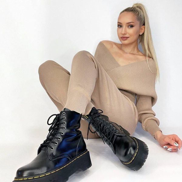 V Neck Cropped Sweatshirt solid color leisure pullover Women casual knit two piece set