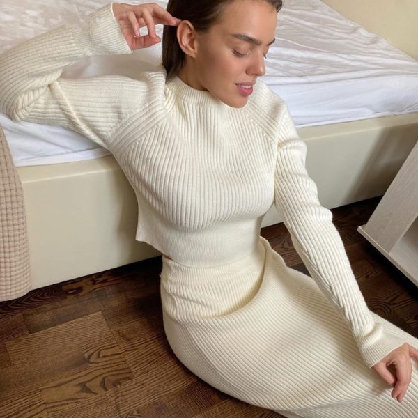 round-neck skinny sweaters high waist two piece dress sets for women - Image 5