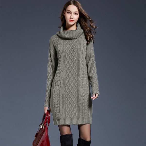 solid color knitted sweaters high neck warm thicken elegant short dress knit dress - Image 5