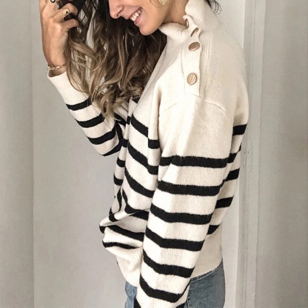 Trending clothing rolled neck striped sweaters casual pullover loose color blocking jumper mujer - Image 5