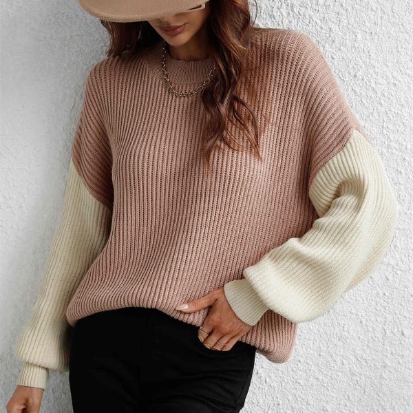 Hot sale puff sleeve contrast color loose sweaters knitted women winter casual o neck knitwear - Image 6