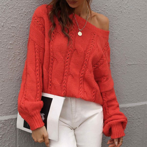 New design off shoulder oversize twisted long sleeve knitted pure color o neck women casual sweaters