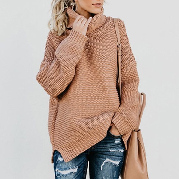 Trending Fashion High Neck Solid Color Long sleeve loose knitted women sweaters pullover tops - Image 2