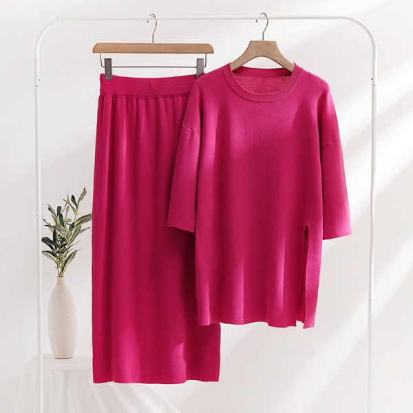 Spring summer loose solid color pullover mid-sleeve top mid-length half skirt knitted two-piece set women - Image 3
