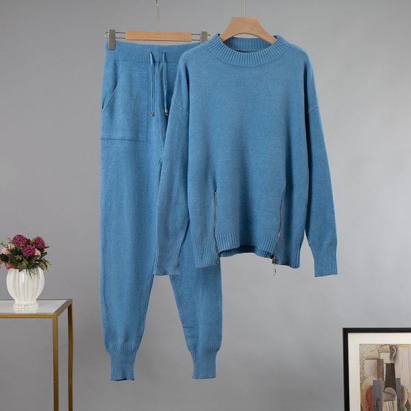 Elegant Cashmere Winter Warm Two Piece Knitted Set Loose Sweater high waist Pants woman Tracksuit - Image 2