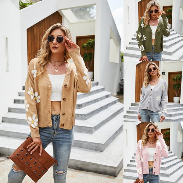 new arrival INS style short sweaters coats women long sleeve collegiate oversize floral cropped cardigans