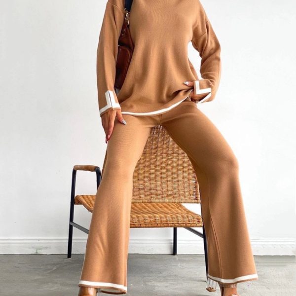 Trending Long sleeve sweater color blocking lounge wear knitted oversize high waist pants 2 piece set for women - Image 5