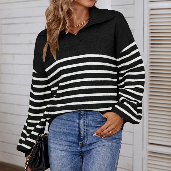 New arrivals fall winter knitwear collage style tops Women lantern sleeve striped POLO neck sweater - Image 4