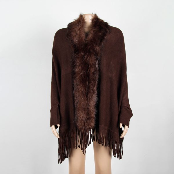 women plush tassel sweater ponchos cardigan winter warm Fringed shawl fur collar luxury coat pure color cloak - Image 6