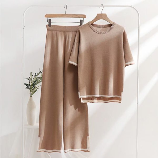 Trending fashion women elegant lounge wear oversize spring summer knitted wide leg pants 2 piece set - Image 5