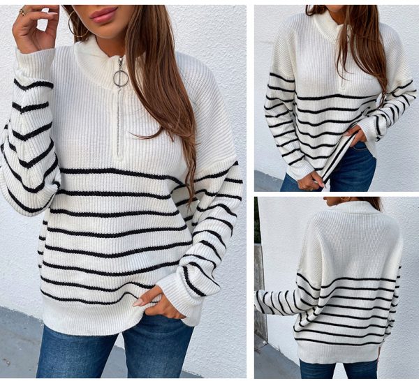 Trending pullover sweaters women casual knitted stripe blouse zipper up oversize knitwear winter autumn tops - Image 6