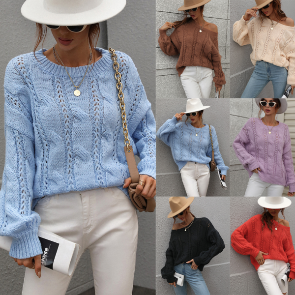 New design off shoulder oversize twisted long sleeve knitted pure color o neck women casual sweaters - Image 2