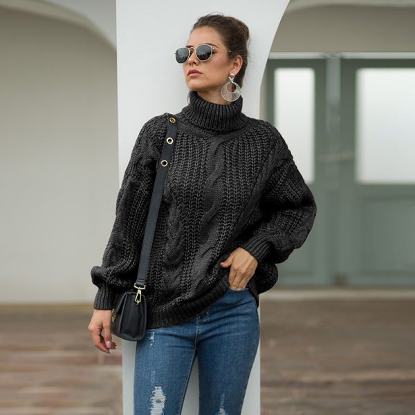 Autumn winter college style knitted women twist turtleneck pullover oversize solid color sweaters - Image 2