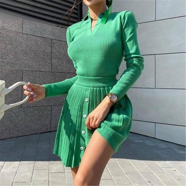 hot sales pure colors skinny sweaters sexy club party outfits knitted mini dress 2 piece matching set - Image 4