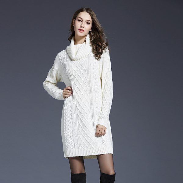 solid color knitted sweaters high neck warm thicken elegant short dress knit dress - Image 2