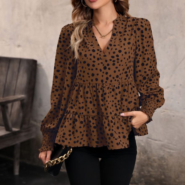 Autumn Fashion V-Neck Ruffle Leopard Print Long Sleeve Pullover blusas para mujer - Image 3