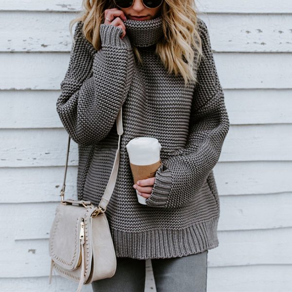 Trending Fashion High Neck Solid Color Long sleeve loose knitted women sweaters pullover tops - Image 3