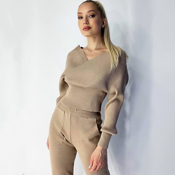 V Neck Cropped Sweatshirt solid color leisure pullover Women casual knit two piece set - Image 5