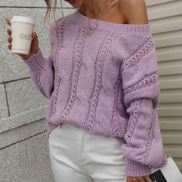 New design off shoulder oversize twisted long sleeve knitted pure color o neck women casual sweaters - Image 3