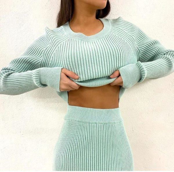 High quality women o-neck slim fit long sleeve Solid Color Knitted tops Pencil Skirt 2 piece set - Image 2