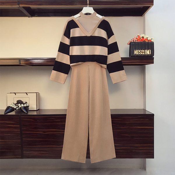 hollow out striped elastic sweaters casual lounge wear color blocking women 2 piece pants set - Image 4