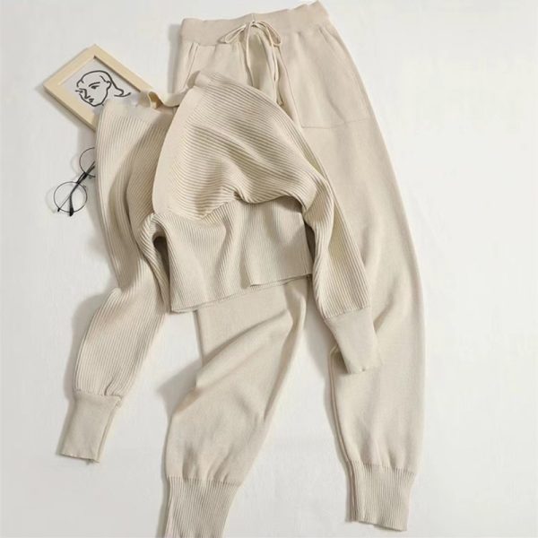V Neck Cropped Sweatshirt solid color leisure pullover Women casual knit two piece set - Image 4