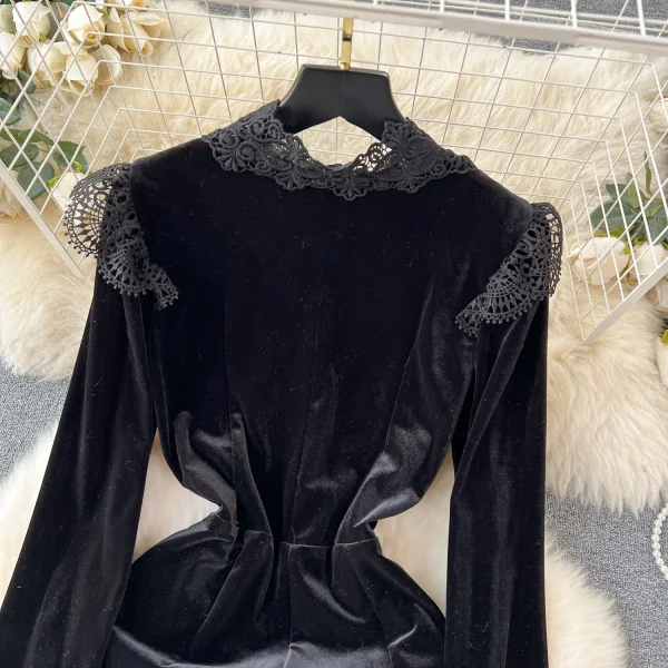 ZT1470 Hepburn Style Haute Couture Canary Dress Women's French Vintage Lace Patchwork Single-breasted Elegant Dresses - Image 4