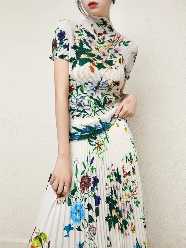 Accept Large Size Loose Casual Style Set Boutique Women'S 2-Piece Floral Print Issey Miyake Short Sleeve Top Pleated Sk - Image 5